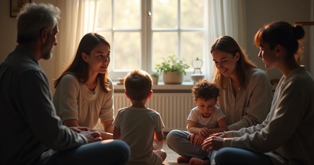 Group of people sitting together in quiet reflection, soft light, supportive atmosphere. 