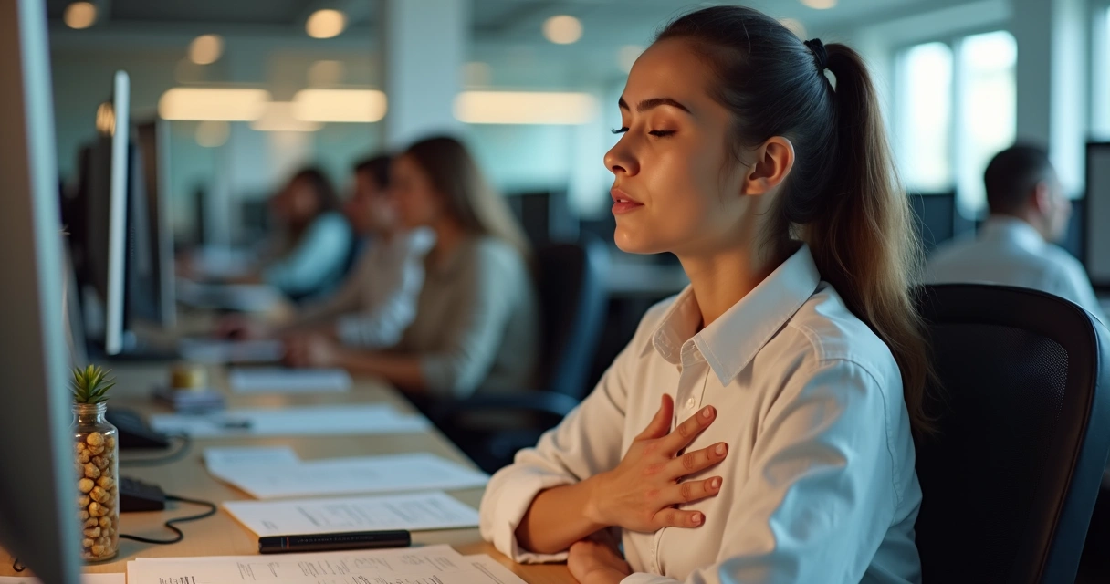Pessoa respirando fundo retomando atenção em um ambiente de trabalho 