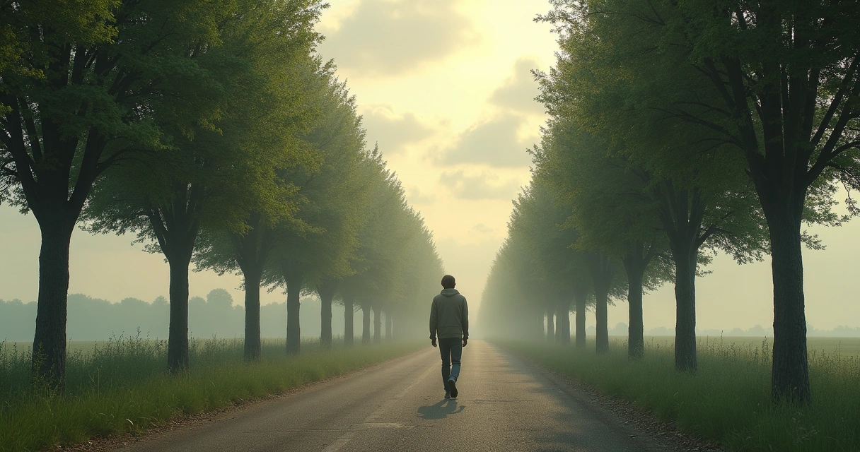 Pessoa caminhando sozinha em uma estrada cercada de natureza 
