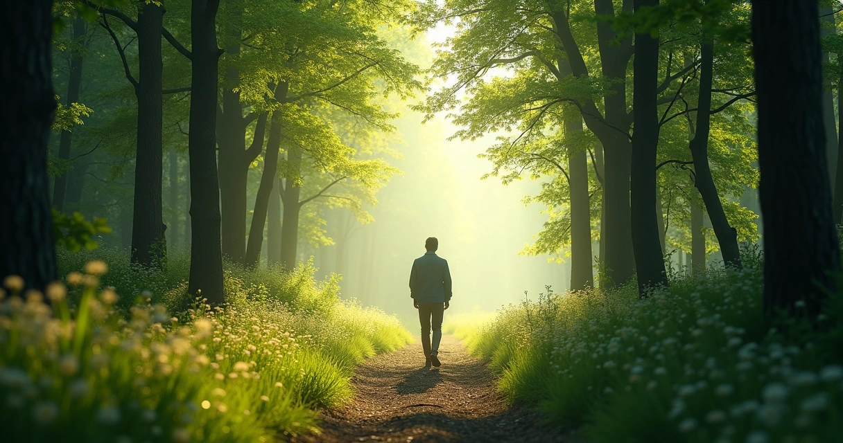 Pessoa em trilha cercada por natureza, vendo o horizonte ao fundo 