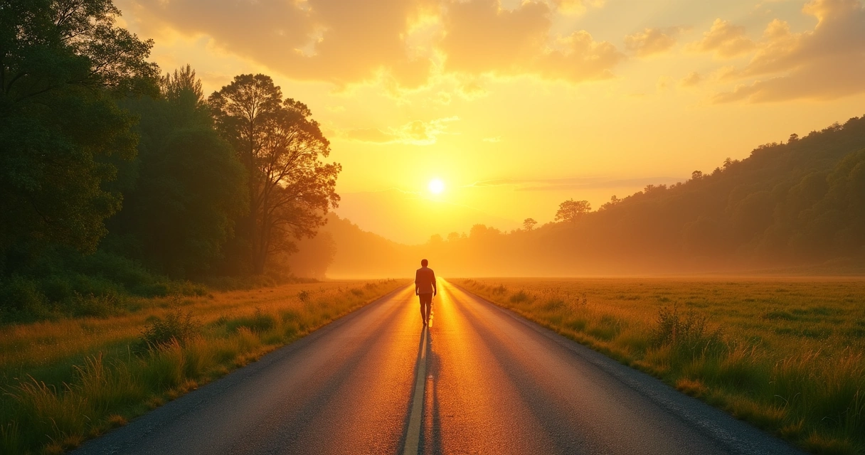 Pessoa caminhando sozinha em estrada aberta cercada por natureza ao nascer do sol 