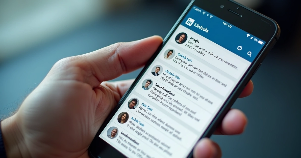 Mão segurando celular mostrando a área de recomendações do LinkedIn 