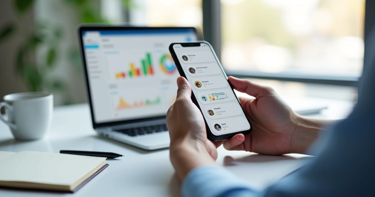 Profissional visualiza recomendações destacadas no Google Contacts em smartphone 