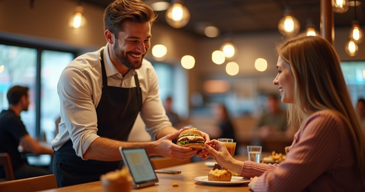 Garçom entregando sobremesa cortesia em mesa de restaurante para cliente satisfeito 