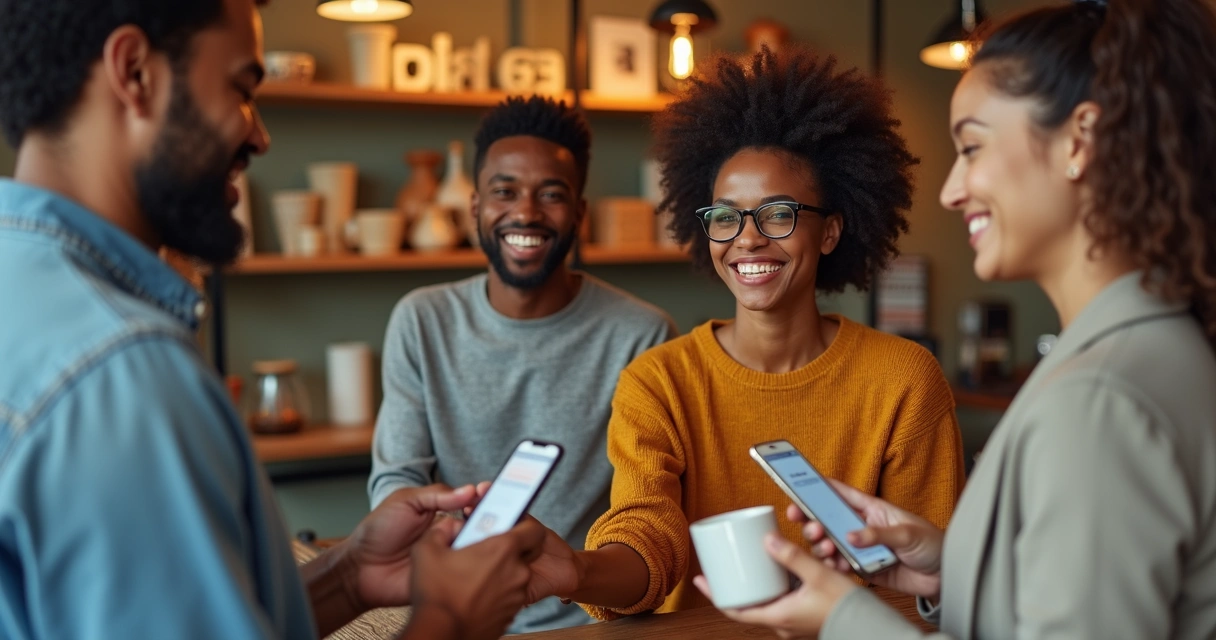 Clientes felizes recebendo recompensas digitais em seus celulares 