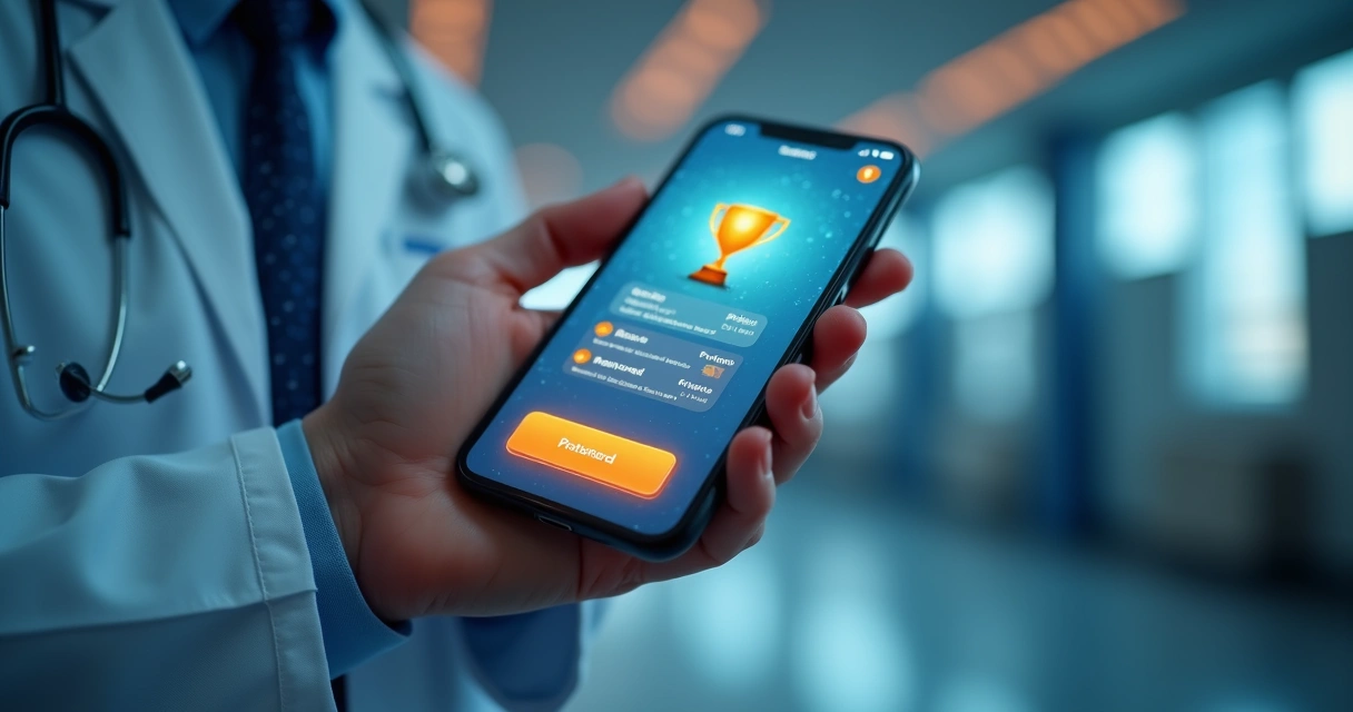 Tela de aplicativo de saúde mostrando troféus digitais e recompensas para pacientes.