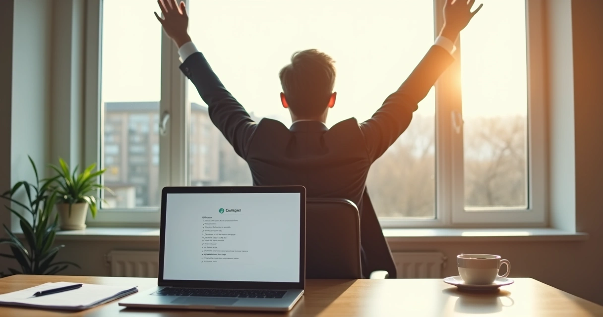 Pessoa celebrando pequena meta atingida em ambiente de trabalho.