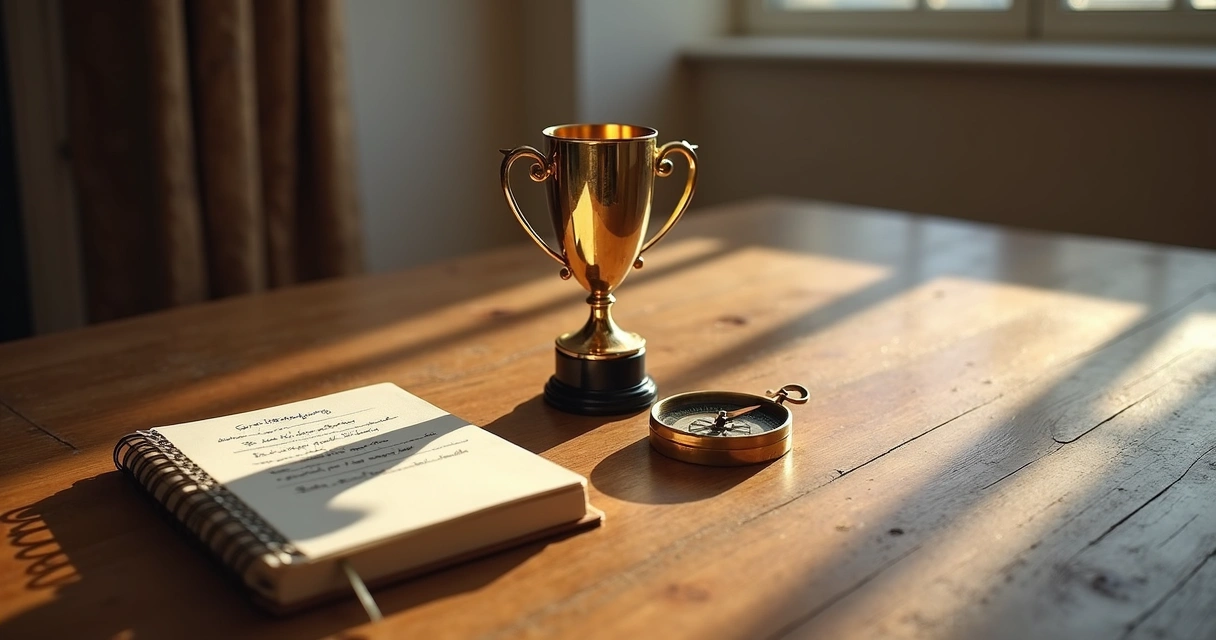 Dos caminos con trofeo y brújula sobre una mesa