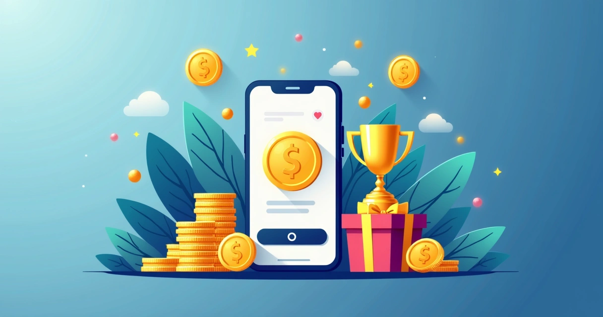 Recompensas digitais com moedas e troféus ilustrados 