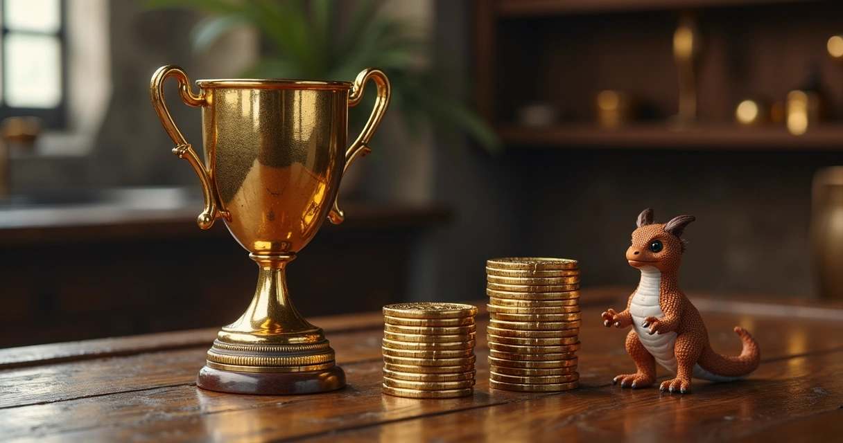 Hunting Tokens e draptor doll ao lado de um troféu brilhante de Tibia 