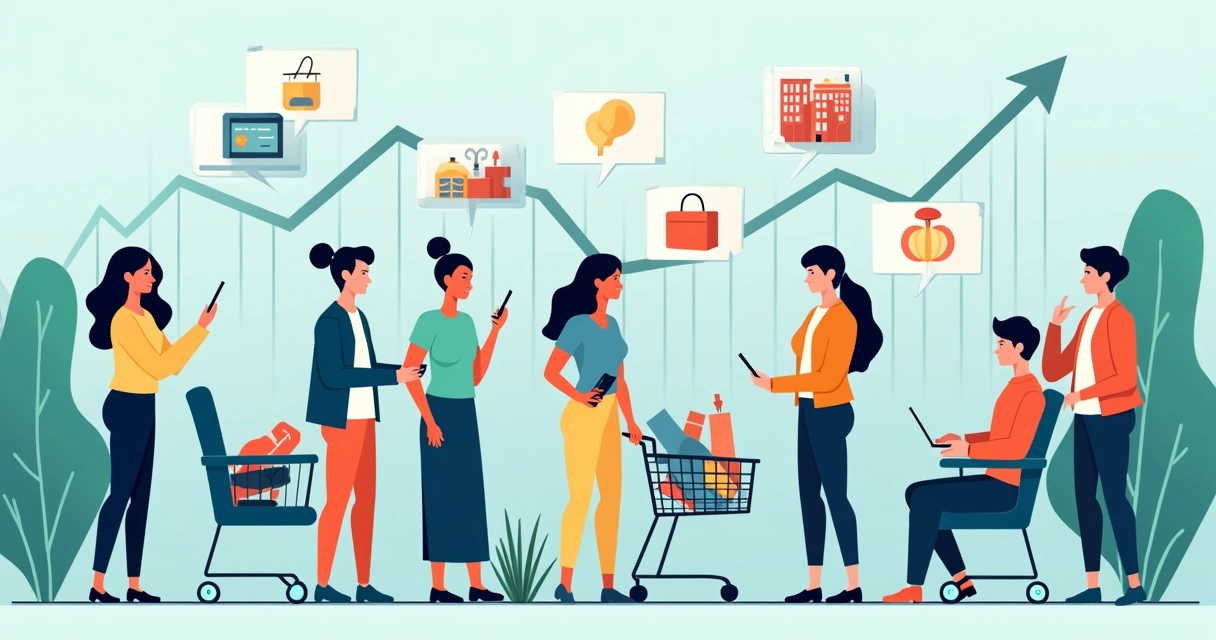 Ilustração de clientes retornando para comprar novamente em uma loja virtual, mostrando itens de diversos setores, sacolas de compras e gráficos de crescimento 
