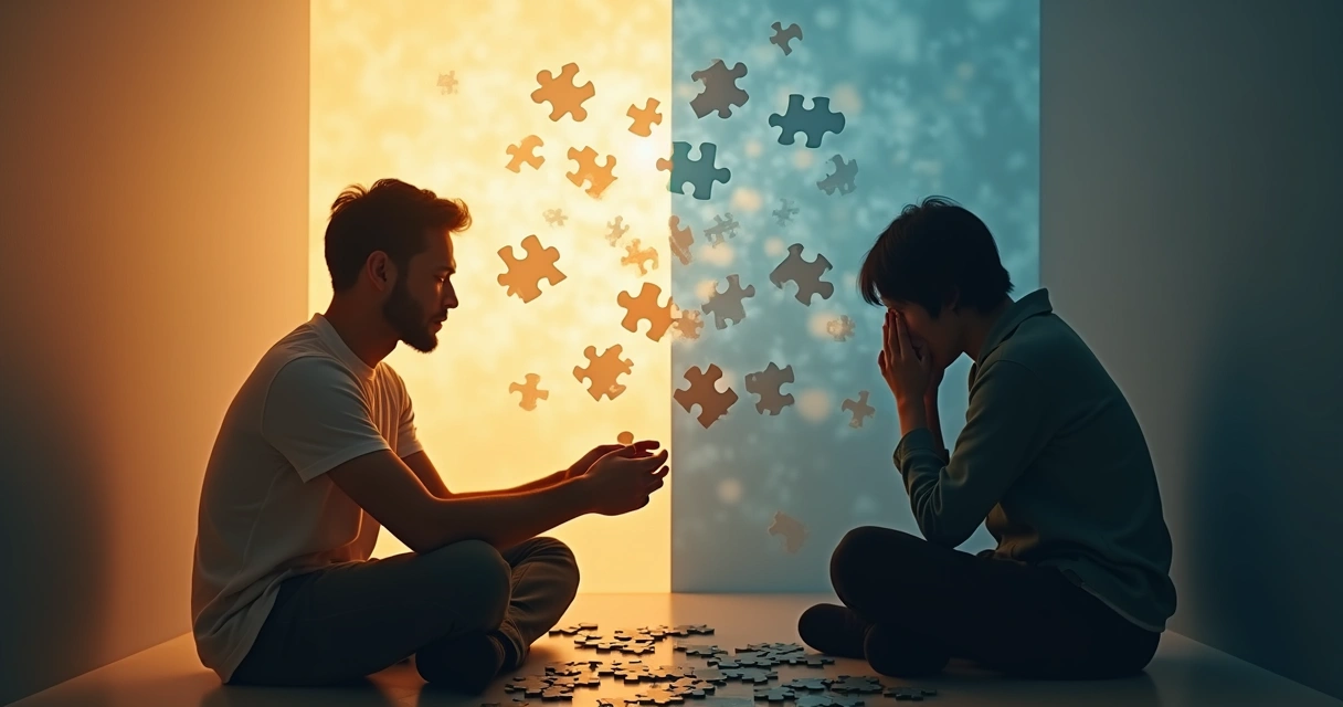 Duas pessoas em lados opostos, uma integrando peças de quebra-cabeça, outra enfrentando barreiras invisíveis