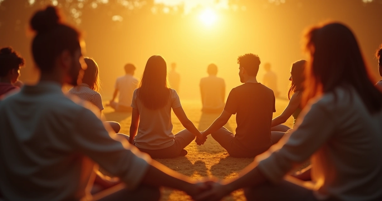 Pessoas de mãos dadas em círculo, luz dourada no centro, representando reconciliação coletiva e harmonia social 