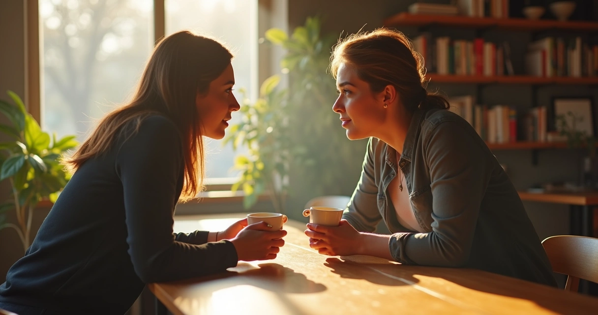 Duas pessoas frente a frente dialogando em ambiente calmo