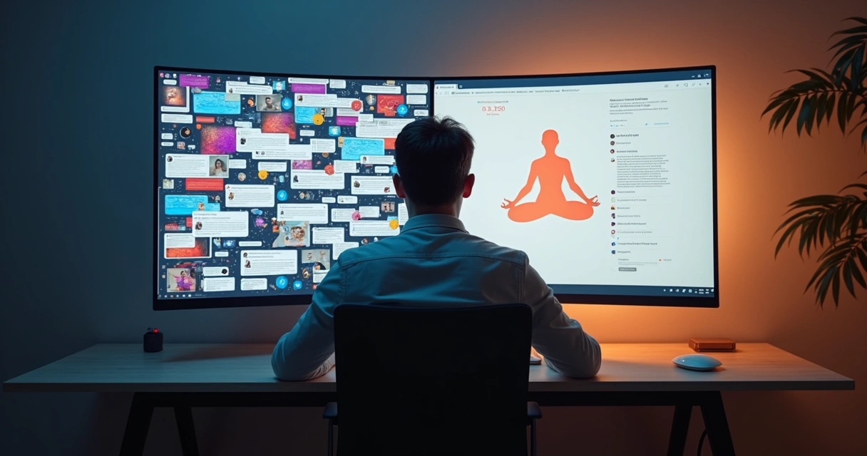 Pessoa diante de tela dividida entre caos digital e serenidade interior 