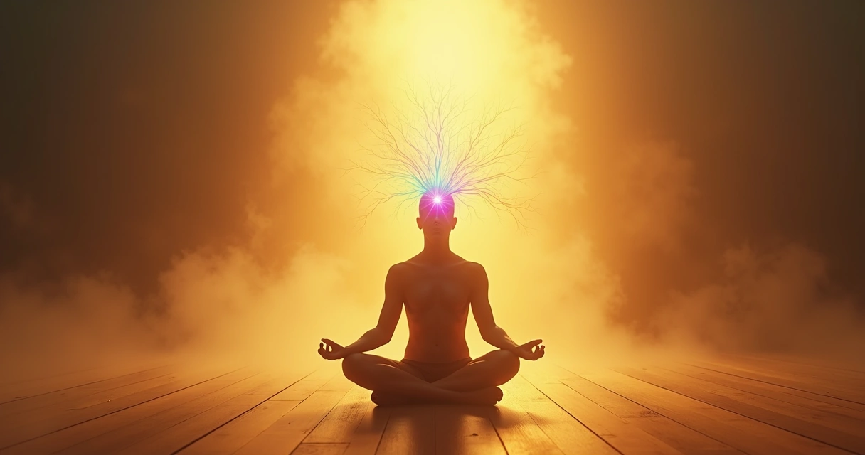 Pessoa sentada em meditação, luz suave iluminando e unindo corpo e mente, representando reconciliação interior 