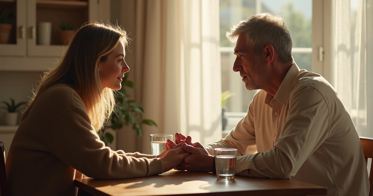 Duas pessoas da mesma família conversando com calma à mesa 