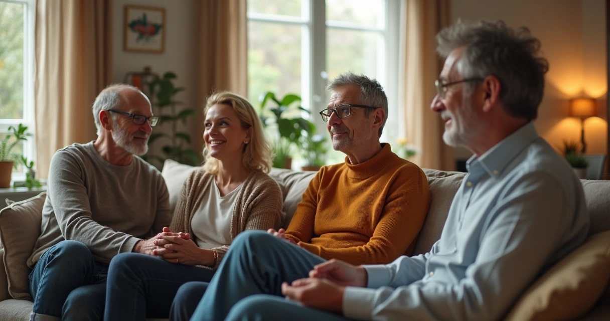 Pessoas sentadas em um sofá conversando de maneira acolhedora 