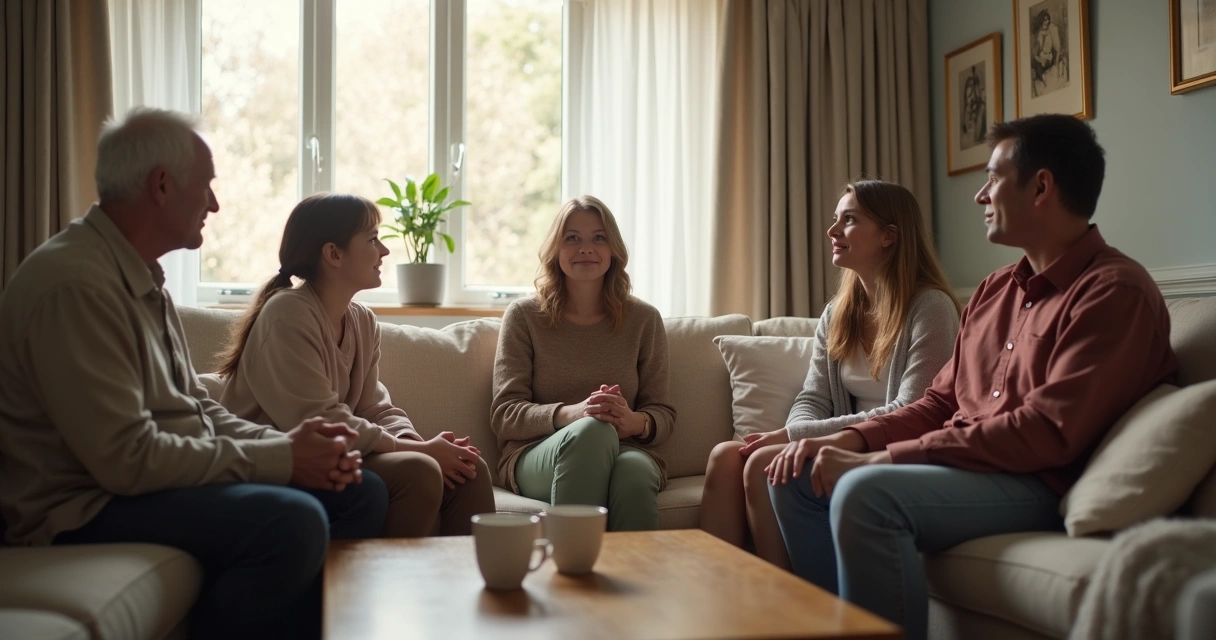 Família conversando em sala com reconciliação 