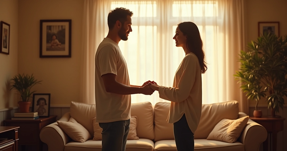 Duas pessoas se reconciliando em uma sala bem iluminada 