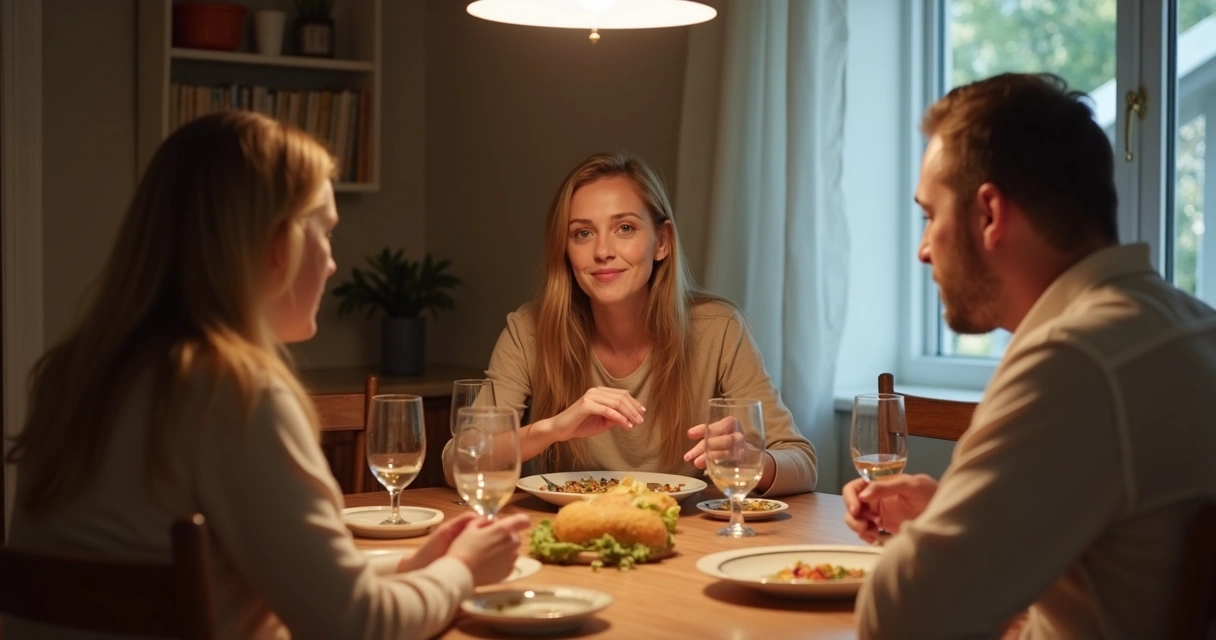 Familiares conversando com mais calma em mesa de jantar 