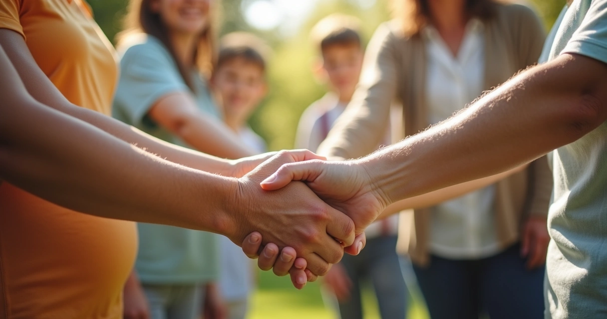 Membros da família de idades diferentes de mãos dadas em um círculo, rostos serenos.