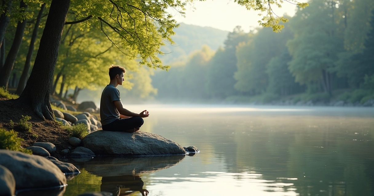 Pessoa sentada em posição de reflexão em um ambiente natural tranquilo