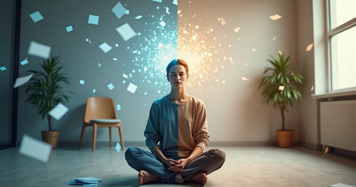 Pessoa sentada em reflexão com metade do fundo caótico e metade sereno 