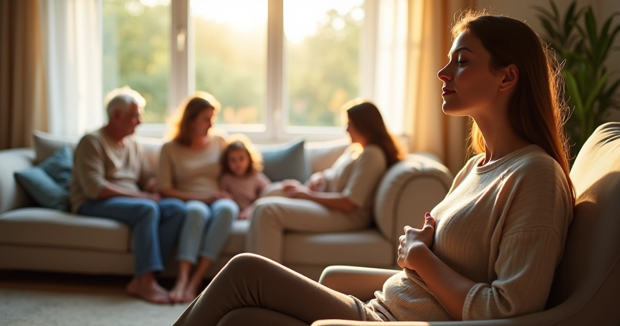 Familia em sala iluminada com mulher em primeiro plano em momento de introspecção 