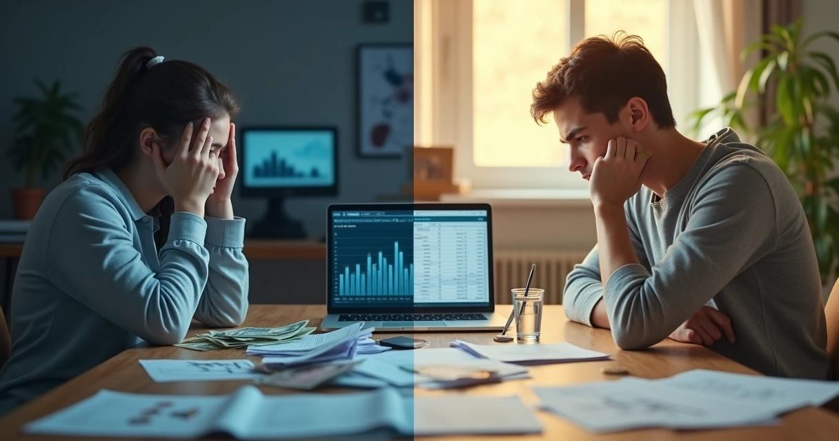Pessoa analisando finanças com metade do corpo em conflito e metade em equilíbrio 