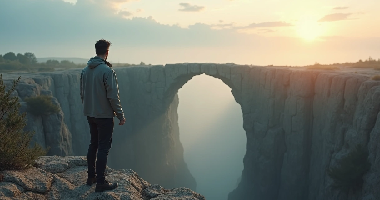Pessoa em pé na beira de um penhasco olhando para uma ponte quebrada envolta em neblina 