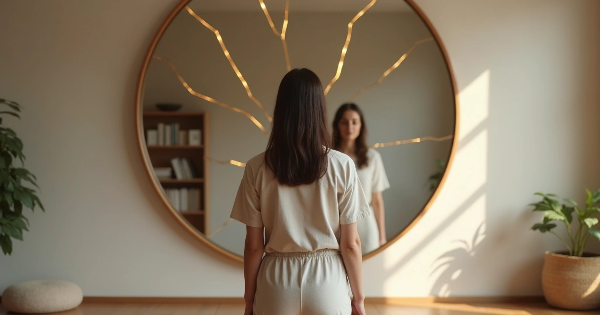 Pessoa diante de espelho rachado se integrando a seu próprio reflexo 