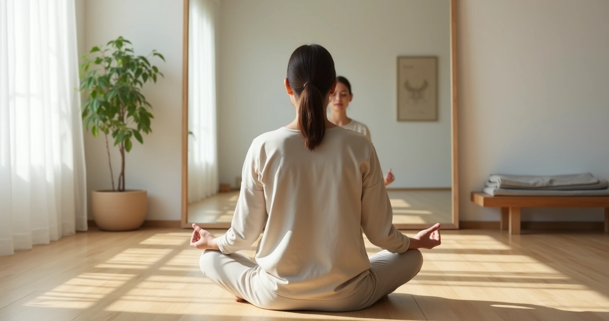 Pessoa sentada em posição de meditação diante de espelho em ambiente calmo 