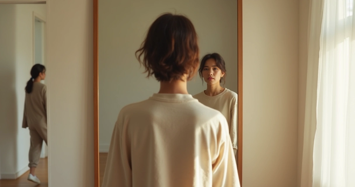 Pessoa diante de espelho com reflexo sereno simbolizando reconciliação interna 