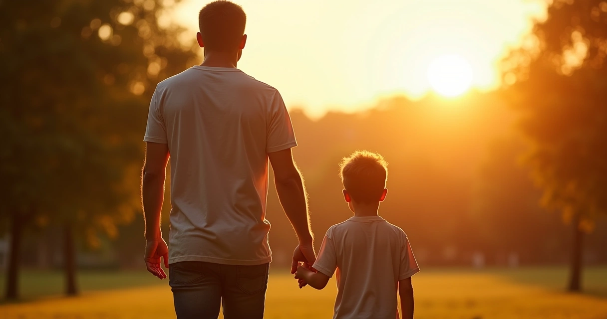Pai e filho de mãos dadas em parque ao entardecer, ambos olhando para o horizonte