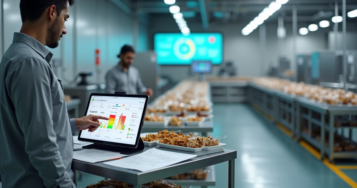 Gestor comparando mapa de calor de perdas com linha de produção de alimentos 