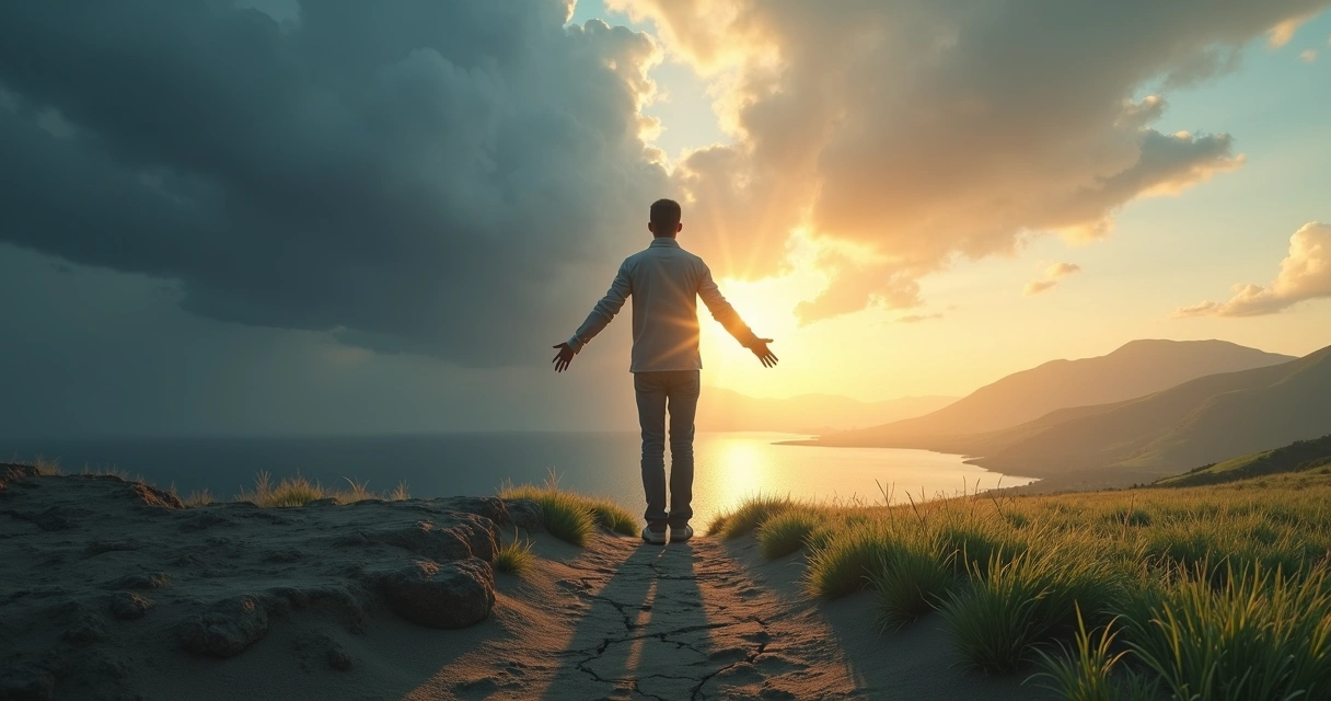 Pessoa em paz abraçando a própria sombra diante de paisagem dividida entre caos e harmonia 