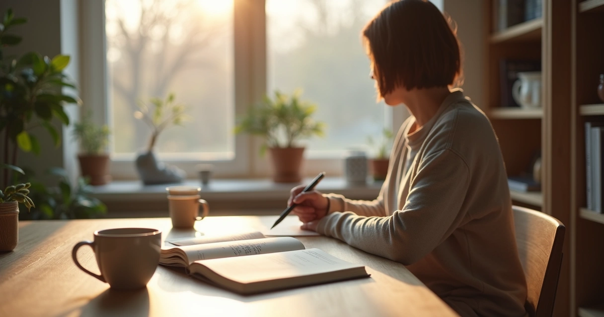 Pessoa sentada em frente ao caderno refletindo em ambiente calmo e iluminado 