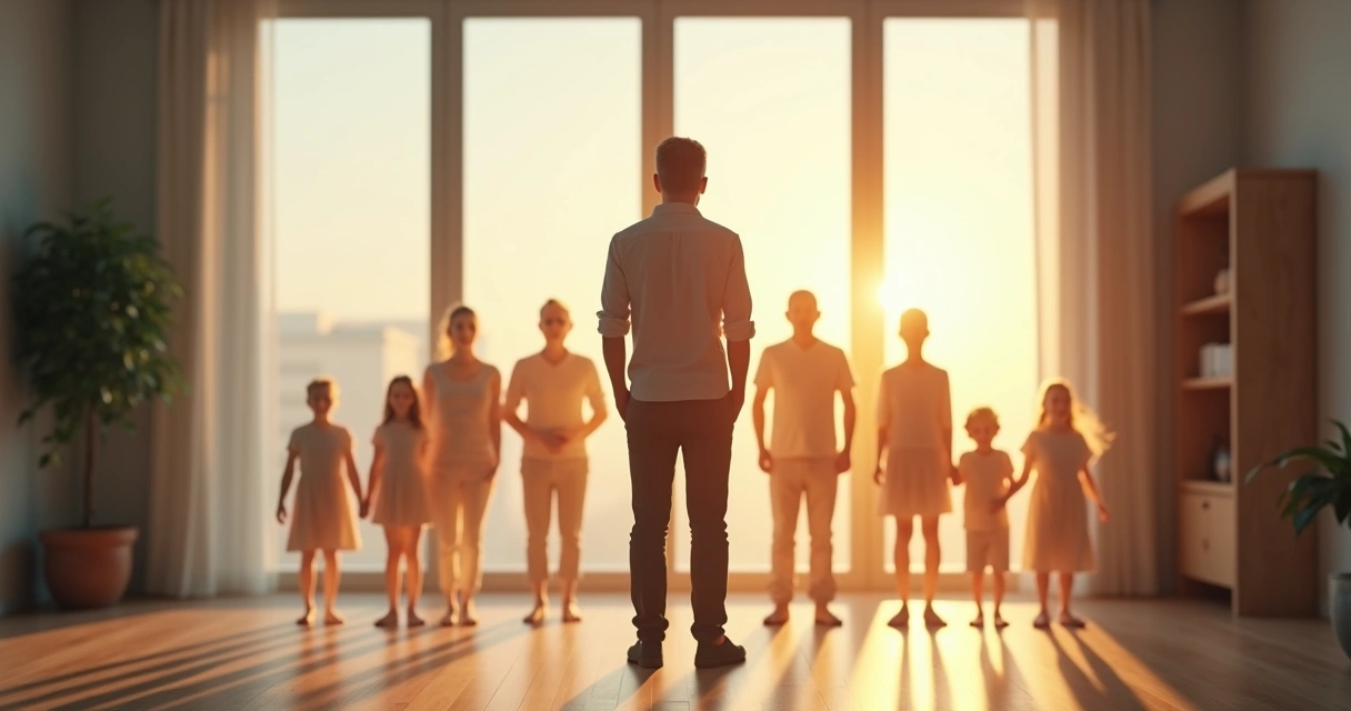 Pessoa em pé diante de silhuetas de familiares em reconciliação simbólica 