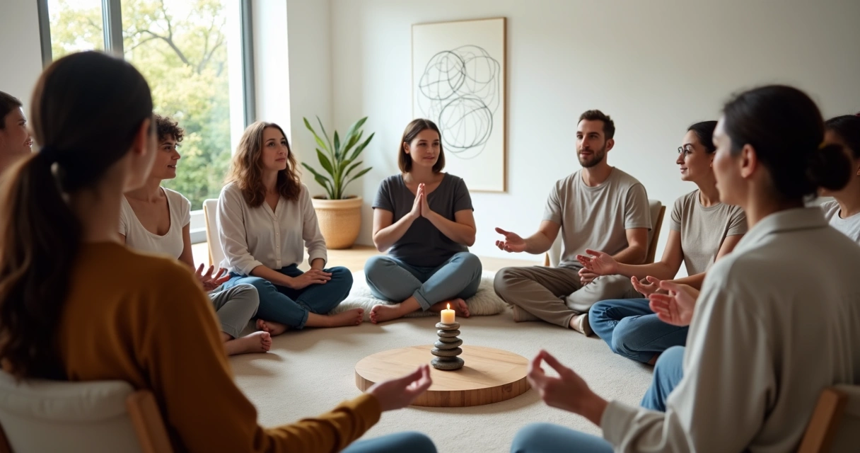Grupo em círculo fazendo gesto de reconciliação em ambiente calmo 