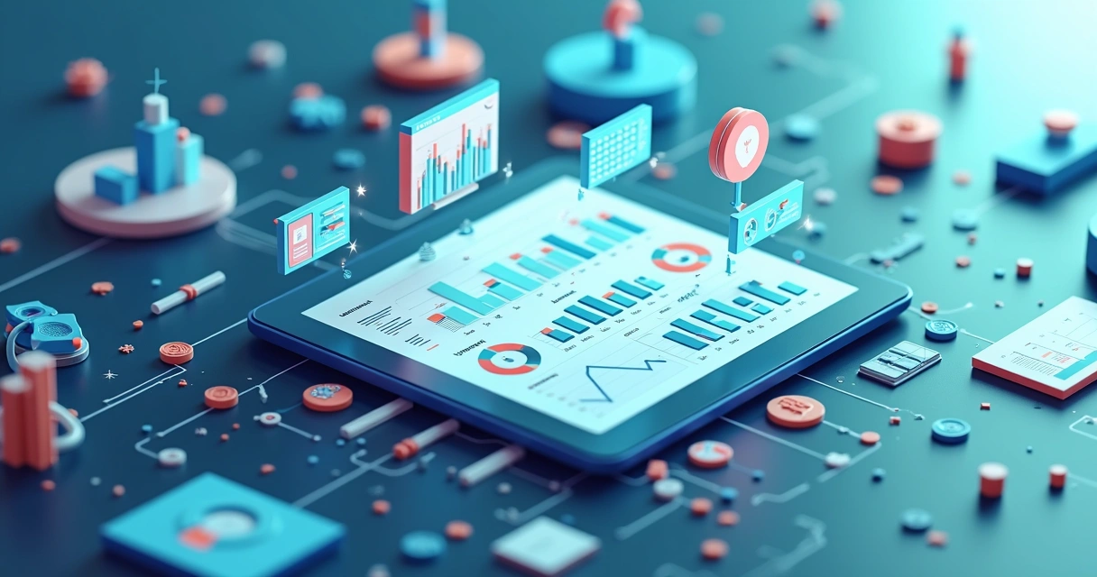 Painel 3D com gráficos de vendas, planilhas e ícones de dinheiro conectados em uma interface digital 