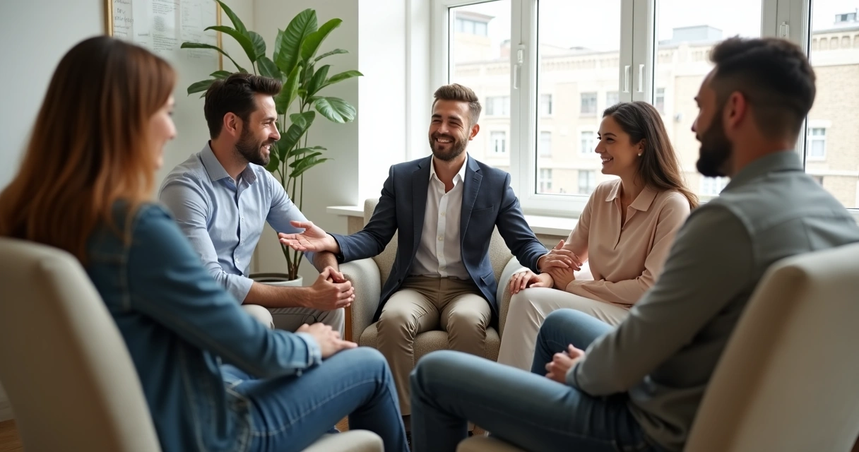Pequeño equipo en círculo compartiendo emociones en un ambiente relajado.