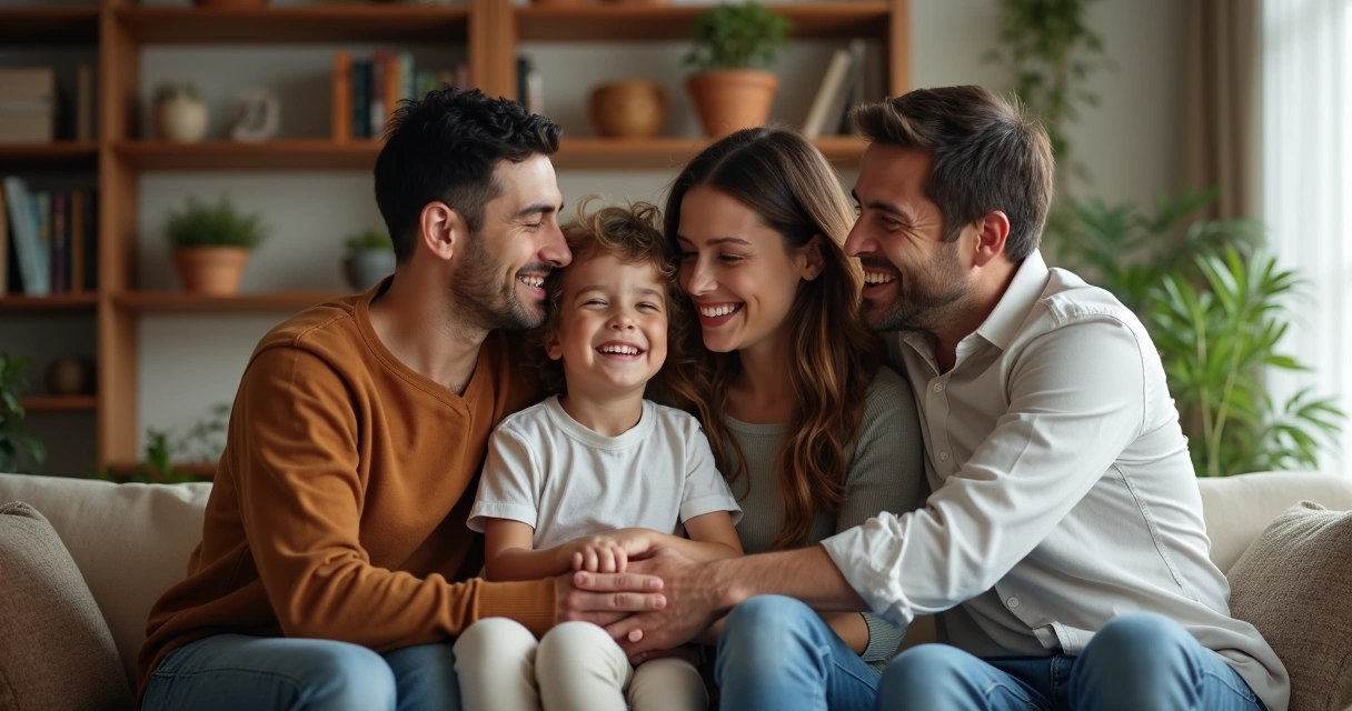 Familia abrazándose tras una conversación, mostrando reconciliación 