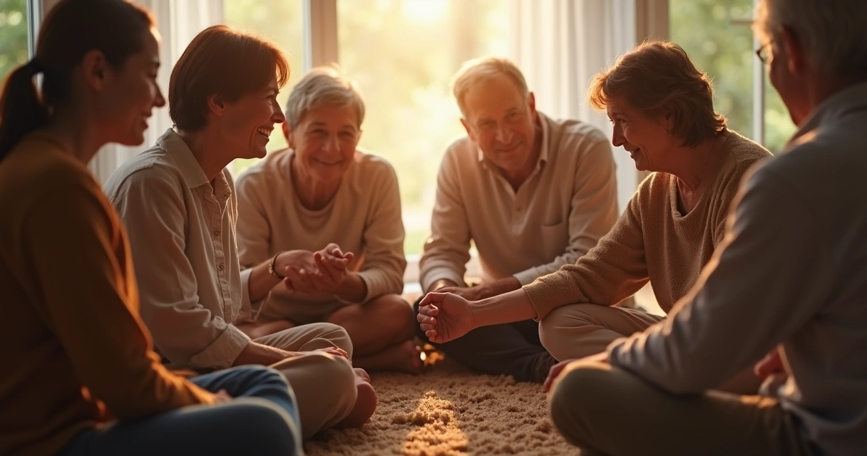 Familia sentada en círculo reconciliándose 