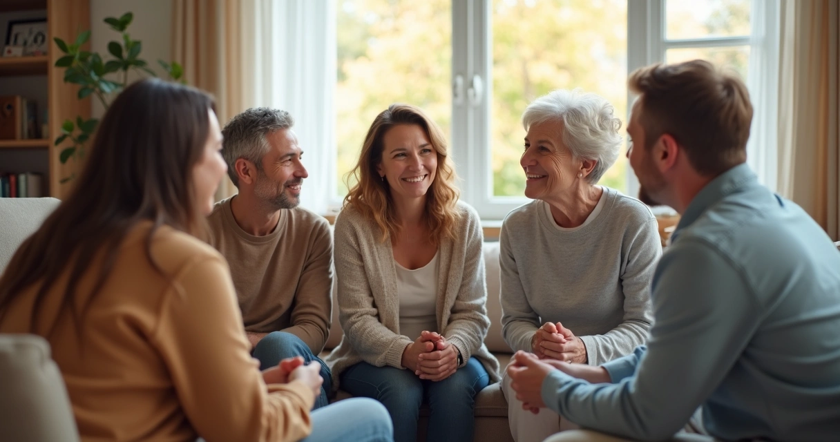 Grupo familiar sentado en círculo, compartiendo miradas y gestos de apoyo, ambiente de reconciliación.