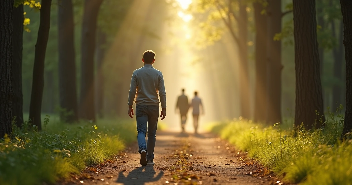 Persona adulta caminando en bosque iluminado hacia siluetas difuminadas al fondo 