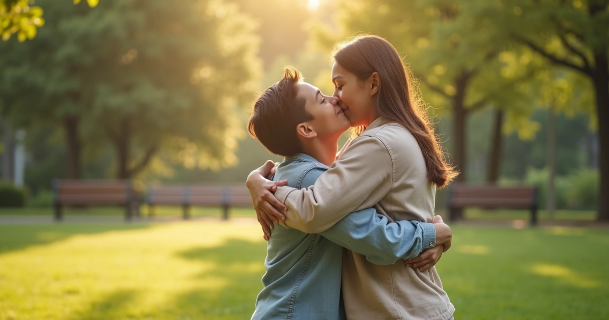 Dos hermanos adultos se reconcilian y se abrazan 