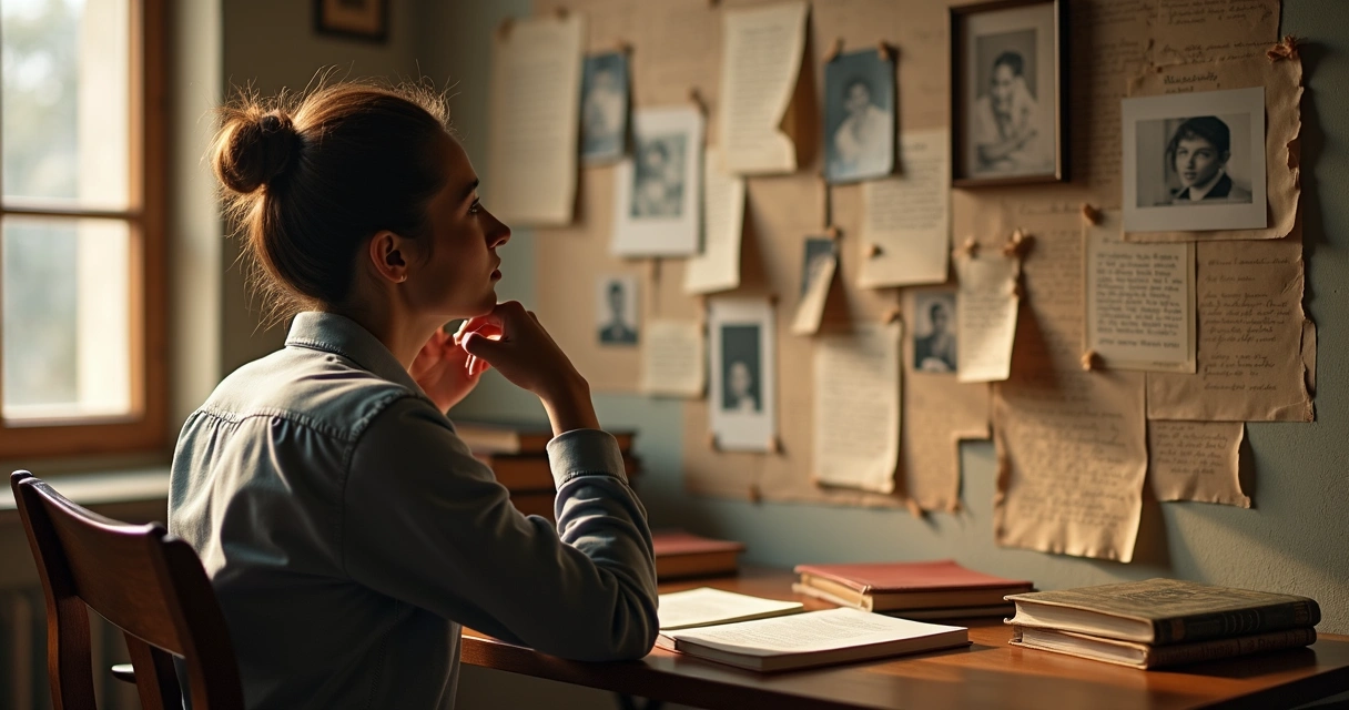 Persona reflexionando frente a fotos familiares antiguas en una pared 