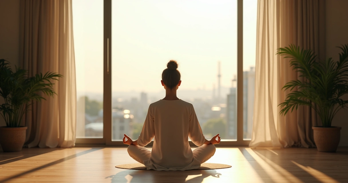 Persona sentada en actitud meditativa en un espacio sereno, con luz suave entrando por la ventana.