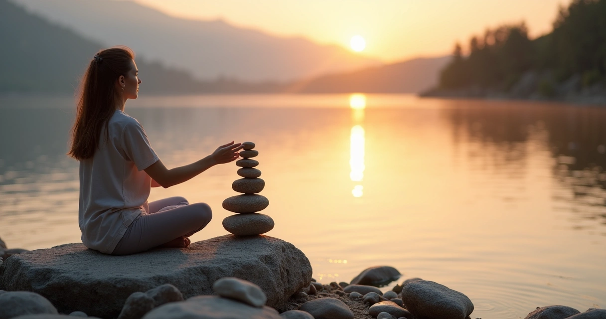 Persona sentada junto a un lago apilando piedras en equilibrio al atardecer 